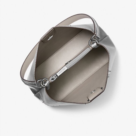 NEW Michael Kors Pratt Medium Studded Metallic Patchwork Shoulder Bag In Silver - Picture 2 of 3